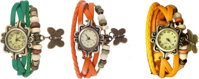 NS18 Vintage Butterfly Rakhi Combo of 3 Green, Orange And Yellow Analog Watch  - For Women   Watches  (NS18)