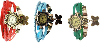 

Kissu Vintage Rakhi Watch Combo of 3 Red, Sky Blue And Green Watch - For Women