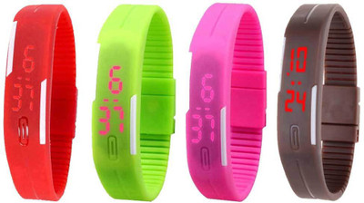 

NS18 Silicone Led Magnet Band Combo of 4 Red, Green, Pink And Brown Watch - For Boys & Girls