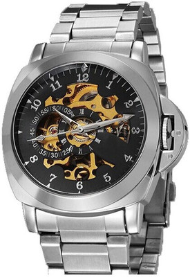 

Beza Men's SELF-WIND Rarest of Rare Sporty Skeleton Watch in BLACK-GOLD-SILVER With Steel Strap Watch - For Men