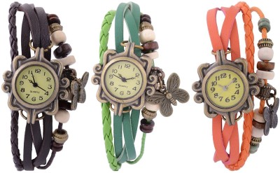 Haunt Vintage Leather Set of 3 Multicolor Bracelet Butterfly Analog Watch  - For Girls   Watches  (Haunt)
