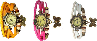 

NS18 Vintage Butterfly Rakhi Watch Combo of 3 Yellow, Pink And White Watch - For Women