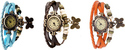

Kissu Vintage Rakhi Watch Combo of 3 Sky Blue, Brown And Orange Watch - For Women