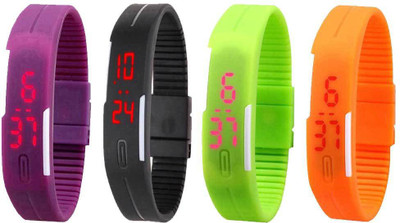 

NS18 Silicone Led Magnet Band Combo of 4 Purple, Black, Green And Orange Watch - For Boys & Girls