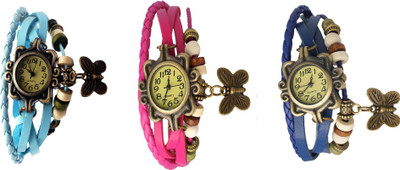 

NS18 Vintage Butterfly Rakhi Watch Combo of 3 Sky Blue, Pink And Blue Watch - For Women