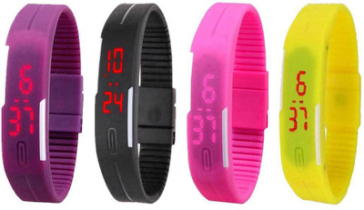 NS18 Silicone Led Magnet Band Combo of 4 Purple, Black, Pink And Yellow Watch - For Boys & Girls