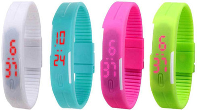 

NS18 Silicone Led Magnet Band Combo of 4 White, Sky Blue, Pink And Green Watch - For Boys & Girls