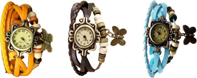 

NS18 Vintage Butterfly Rakhi Watch Combo of 3 Yellow, Brown And Sky Blue Watch - For Women