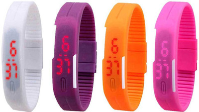 

NS18 Silicone Led Magnet Band Combo of 4 White, Purple, Orange And Pink Watch - For Boys & Girls