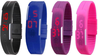Kissu Led Magnet Band Combo of 4 Black, Blue, Purple And Pink Watch - For Men & Women