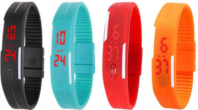 

NS18 Silicone Led Magnet Band Combo of 4 Black, Sky Blue, Red And Orange Watch - For Boys & Girls