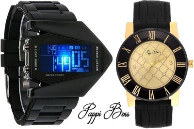 Pappi Boss Pack of 2 LED Aircraft Model with light DISPLAY & High End Collection GOLDEN DESIRE Leather Analog-Digital Watch  - For Men   Watches  (Pappi Boss)
