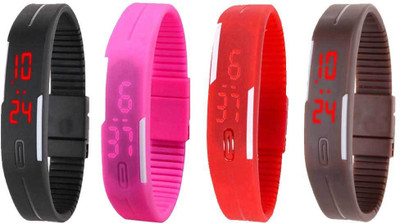 Kissu Led Magnet Band Combo of 4 Black, Pink, Red And Brown Watch - For Men & Women