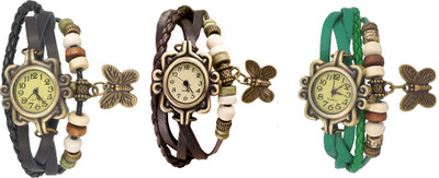 

NS18 Vintage Butterfly Rakhi Watch Combo of 3 Black, Brown And Green Watch - For Women