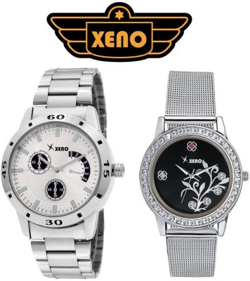 Xeno 2WH-430 Chronograph Pattern Date Day Type Silver Metal Diamond Studded Black Dial Women's White Dial Men's Watch  - For Couple   Watches  (Xeno)