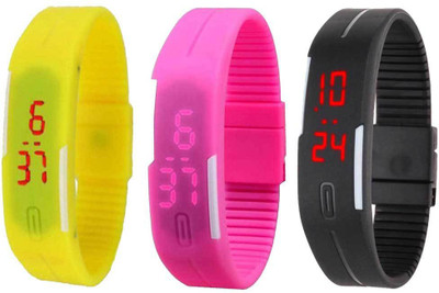 

NS18 Silicone Led Magnet Band Combo of 3 Yellow, Pink And Black Watch - For Boys & Girls