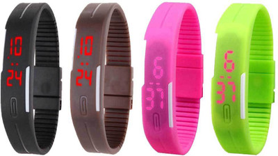 

NS18 Silicone Led Magnet Band Combo of 4 Black, Brown, Pink And Green Watch - For Boys & Girls