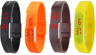 NS18 Silicone Led Magnet Band Combo of 4 Black, Orange, Brown And Yellow Watch - For Boys & Girls