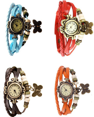 

Kissu Vintage Rakhi Combo of 4 Sky Blue, Brown, Red And Orange Watch - For Women