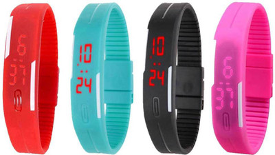 

NS18 Silicone Led Magnet Band Combo of 4 Red, Sky Blue, Black And Pink Watch - For Boys & Girls