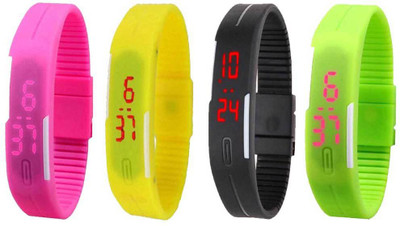 

NS18 Silicone Led Magnet Band Combo of 4 Pink, Yellow, Black And Green Watch - For Boys & Girls