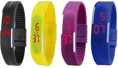 

NS18 Silicone Led Magnet Band Combo of 4 Black, Yellow, Purple And Blue Watch - For Boys & Girls
