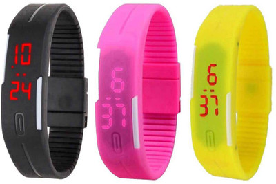 

NS18 Silicone Led Magnet Band Combo of 3 Black, Pink And Yellow Watch - For Boys & Girls