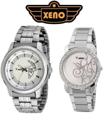 Xeno 39-433 Chronograph Pattern Date Day Type Silver Metal Off-White Dial Men's Diamond Studded Women's Watch  - For Couple   Watches  (Xeno)
