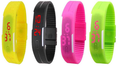 

NS18 Silicone Led Magnet Band Combo of 4 Yellow, Black, Pink And Green Watch - For Boys & Girls