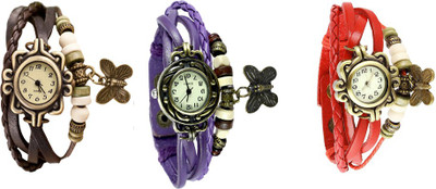 

NS18 Vintage Butterfly Rakhi Watch Combo of 3 Brown, Purple And Red Watch - For Women