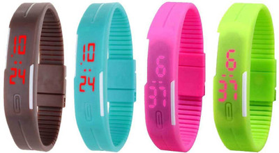 Kissu Led Magnet Band Combo of 4 Brown, Sky Blue, Pink And Green Watch - For Men & Women