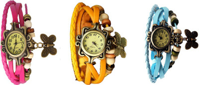 

Kissu Vintage Rakhi Watch Combo of 3 Pink, Yellow And Sky Blue Watch - For Women