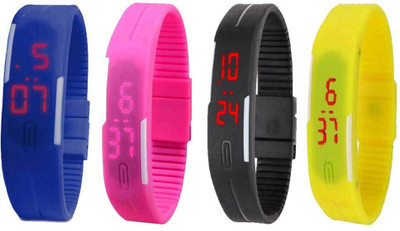 Kissu Led Magnet Band Combo of 4 Blue, Pink, Black And Yellow Watch - For Men & Women
