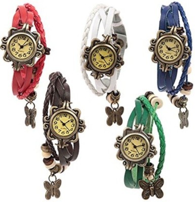 Haunt Vintage Leather Set of 5 Multicolor Bracelet Butterfly Analog Watch  - For Women   Watches  (Haunt)