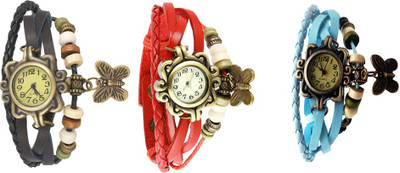 

Kissu Vintage Rakhi Watch Combo of 3 Black, Red And Sky Blue Watch - For Women