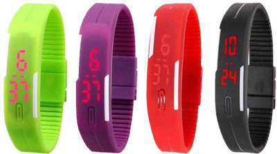 

NS18 Silicone Led Magnet Band Combo of 4 Green, Purple, Red And Black Watch - For Boys & Girls