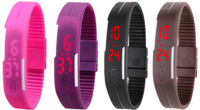 

NS18 Silicone Led Magnet Band Combo of 4 Pink, Purple, Black And Brown Watch - For Boys & Girls