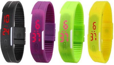 

NS18 Silicone Led Magnet Band Combo of 4 Black, Purple, Green And Yellow Watch - For Boys & Girls