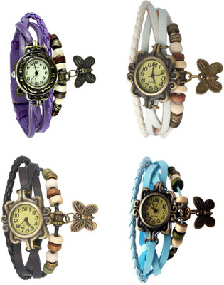 View NS18 Vintage Butterfly Rakhi Combo of 4 Purple, Black, White And Sky Blue Analog Watch  - For Women Wrist Watches Price Online(NS18)