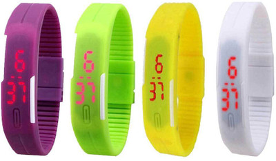 

NS18 Silicone Led Magnet Band Combo of 4 Purple, Green, Yellow And White Watch - For Boys & Girls