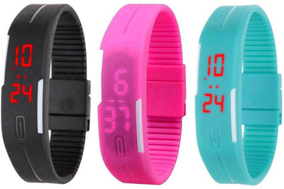 

NS18 Silicone Led Magnet Band Combo of 3 Black, Pink And Sky Blue Watch - For Boys & Girls