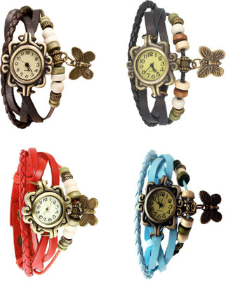 

Kissu Vintage Rakhi Combo of 4 Brown, Red, Black And Sky Blue Watch - For Women
