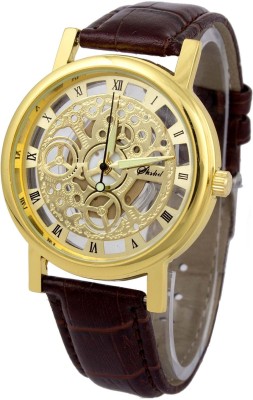 Tager Luxury Skeleton Look Brown Leather Belt Gold Dial Wrist Analog Watch  - For Men   Watches  (Tager)