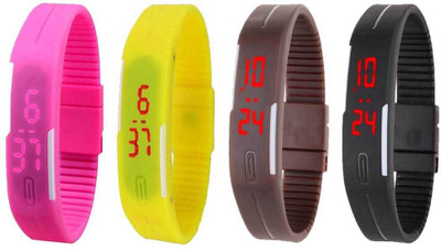 

NS18 Silicone Led Magnet Band Combo of 4 Pink, Yellow, Brown And Black Watch - For Boys & Girls