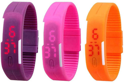 

NS18 Silicone Led Magnet Band Combo of 3 Purple, Pink And Orange Watch - For Boys & Girls