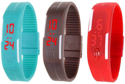 

NS18 Silicone Led Magnet Band Combo of 3 Sky Blue, Brown And Red Watch - For Boys & Girls