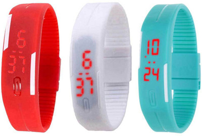 NS18 Silicone Led Magnet Band Combo of 3 Red, White And Sky Blue Watch - For Boys & Girls