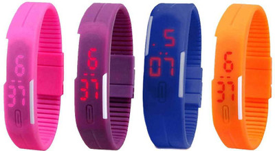 

NS18 Silicone Led Magnet Band Combo of 4 Pink, Purple, Blue And Orange Watch - For Boys & Girls