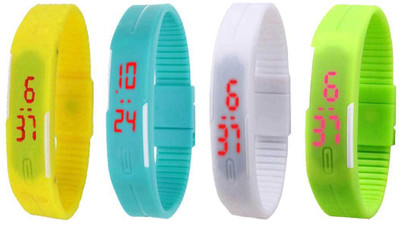 

NS18 Silicone Led Magnet Band Combo of 4 Yellow, Sky Blue, White And Green Watch - For Boys & Girls