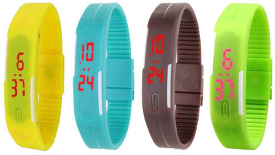

NS18 Silicone Led Magnet Band Combo of 4 Yellow, Sky Blue, Brown And Green Watch - For Boys & Girls